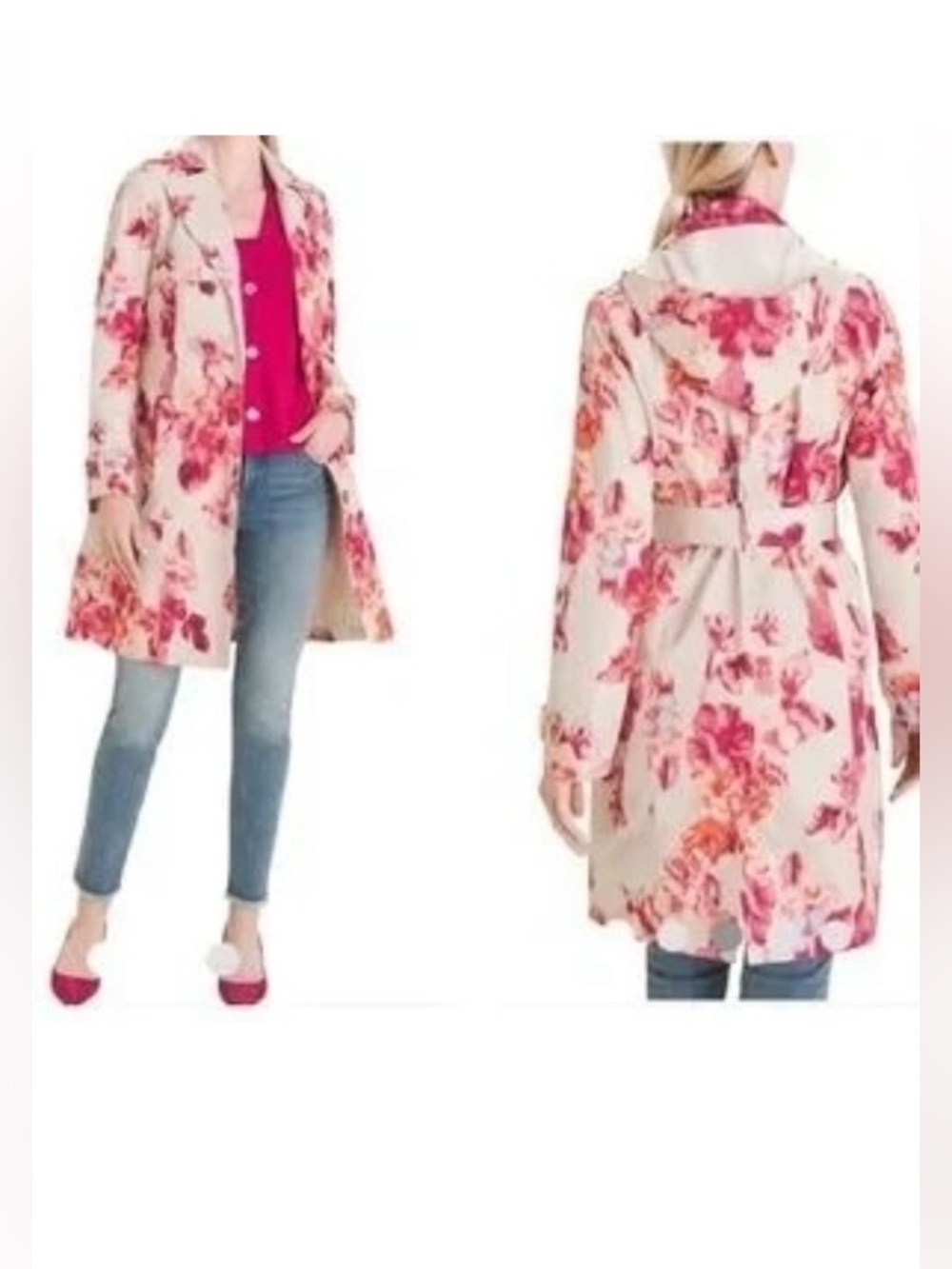 Chico's Ikat Floral Belted Removable Hood Rain Trench Coat Sz 3   16/18 - Picture 12 of 13